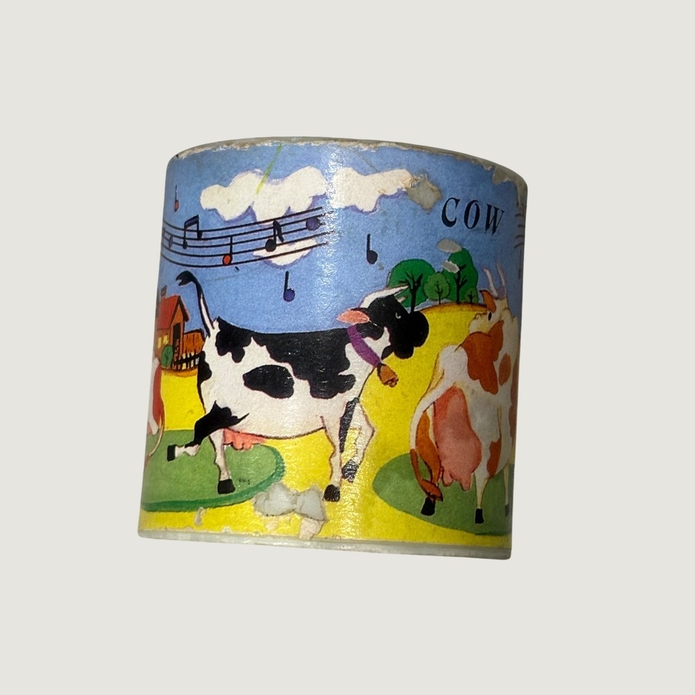 Vintage Cow Moo Can Toy Musical Sound Effect Novelty Made in Taiwan see pics